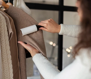 Pluisjes verwijderen van kleding met een roller, textielverzorging en kledingonderhoud thuis of in de studio.
