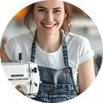 Een lachende naaister gebruikt een naaimachine voor professioneel maatwerk en kledingproductie in een atelier.