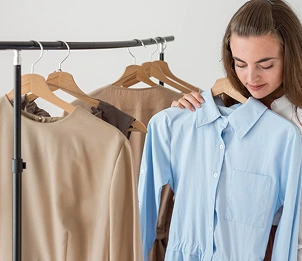 Vrouw kiest outfit uit kledingrek, casual modeselectie en garderobestylingconcept
