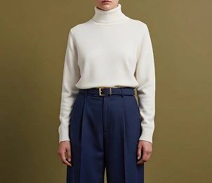 Vrouw met witte coltrui en blauwe broek met riem, minimalistische outfit op een neutrale achtergrond.